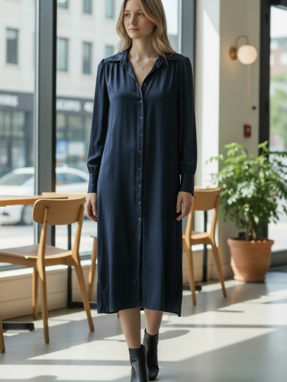 Herringbone Navy 100% Silk Shirt Dress